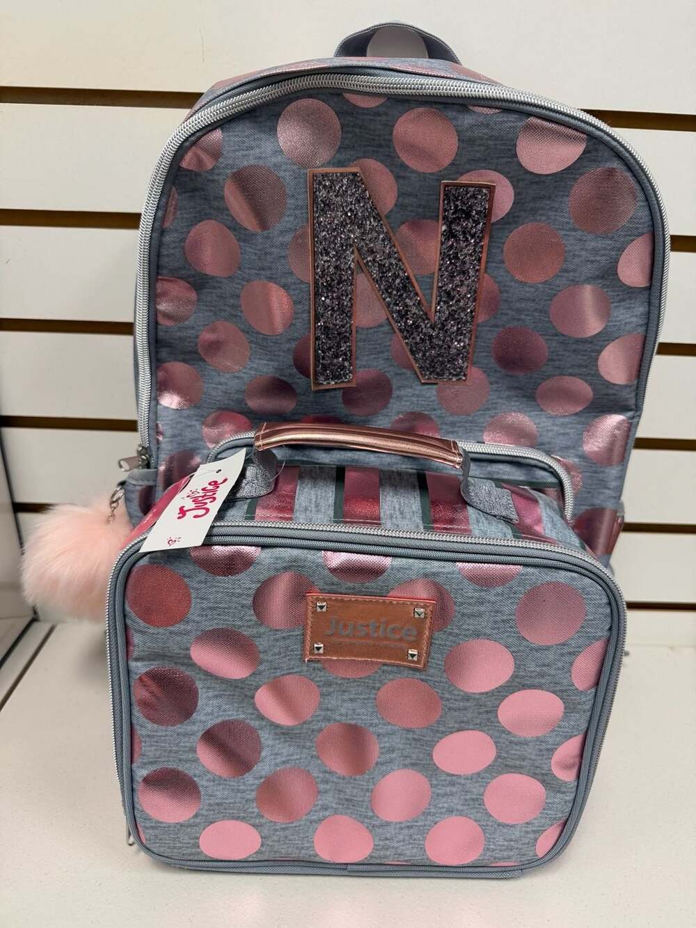 Justice Girls Rose Gold Foil Polka Dot Initial 'N' Backpack &  Lunch Tote Set NW